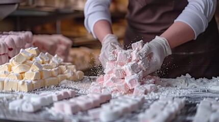 the process of making fruit marshmallow. the confectioner squeezes the marshmallow mass through the nozzle. home bakery concept. - obrazy, fototapety, plakaty