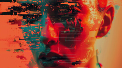 a woman set against a backdrop of intricate digital graphics, characterized by a blend of glitch art and cyberpunk aesthetics, with a dominant palette of redscale, teal, and orange.