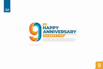 9th happy anniversary celebration with orange and turquoise gradations on white background.