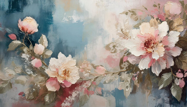 Fototapeta Tekstura vintage, malowane tło z kwiatami, tapeta generative ai