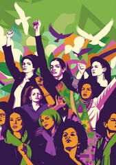 International Women's Day poster a diverse group of women, standing with hands raised in unity and empowerment.