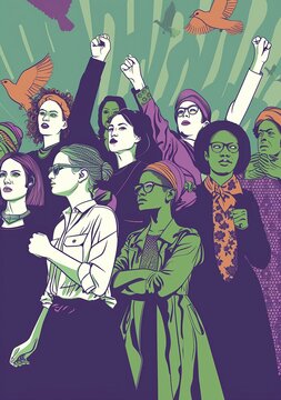 International Women's Day poster a diverse group of women, standing with hands raised in unity and empowerment.