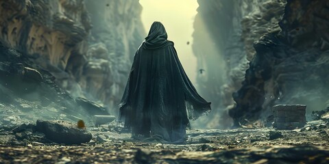 Enigmatic hooded figure oversees desolate underworld in unsettling ambiance. Concept Mystery, Hooded Figure, Desolate Underworld, Unsettling Ambiance - obrazy, fototapety, plakaty