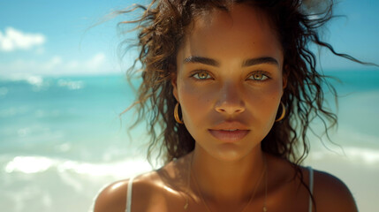 Young girl with curly hair in sunlight on the beach. Natural beauty close-up.