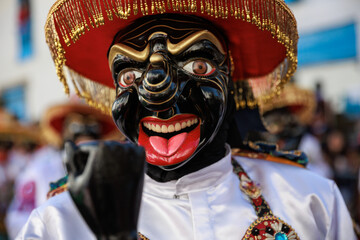 Dancers in traditional costumes at the festivity of the Virgen del Carmen, Paucartambo square, Cusco Peru.