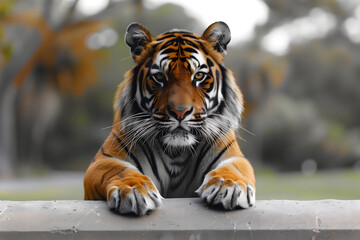 Large Tiger Sitting on Top of a Cement Wall - obrazy, fototapety, plakaty