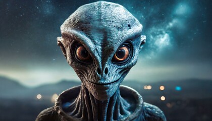 A blue big-eyed alien, scary creature, from other planet, galaxy, ufo