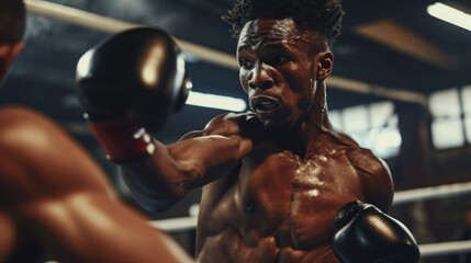 Nimble black athlete punching challenger, Intense Boxing Match: Power and Agility in the Ring - obrazy, fototapety, plakaty