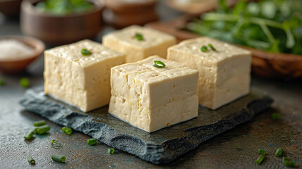 Four cubes of white tofu, a traditional food.