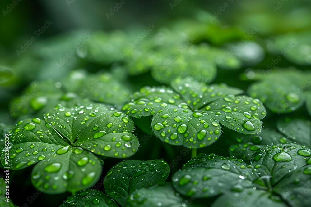 Wall mural group of green leaves with water drops