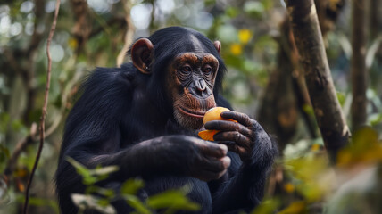 Naklejka premium Chimpanzee in the forest eats a peeled orange, theory of evolution, humorous poster
