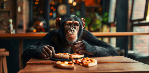 Lunch in a cafe, chimpanzee eating pizza in a pizzeria, advertisement or poster about pizza delivery