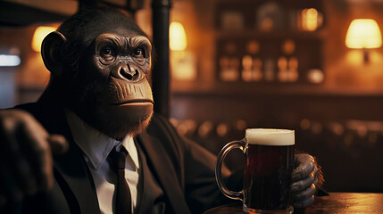 Serious chimpanzee in a suit and tie with a mug of ale behind the counter in a pub, bar...