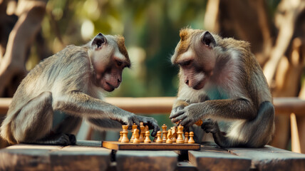 Monkeys play chess in the park, a humorous poster for advertising a chess club