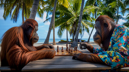 Playing chess in a park by the ocean, orangutans play chess, vacation in a popular resort, concept for advertising a cruise