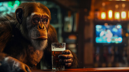 Sad chimpanzee with a mug of ale behind the counter in a pub, bar advertisement with copy space for...