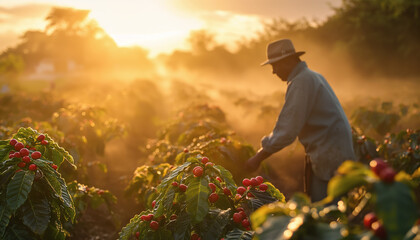 Farmer or picker working at his coffee farm, only blurred silhouette visible against morning sunlight, red berries growing on bushes in foreground. Generative AI - obrazy, fototapety, plakaty