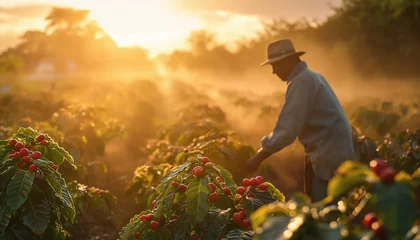 Keuken spatwand met foto Farmer or picker working at his coffee farm, only blurred silhouette visible against morning sunlight, red berries growing on bushes in foreground. Generative AI © Lubo Ivanko