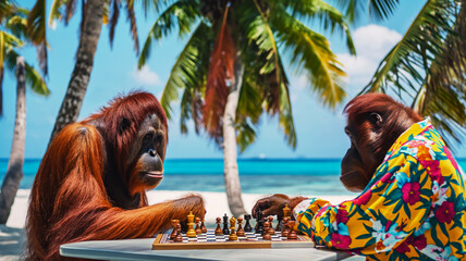 Two adult orangutans playing chess on the ocean, vacation in a popular resort, concept for...