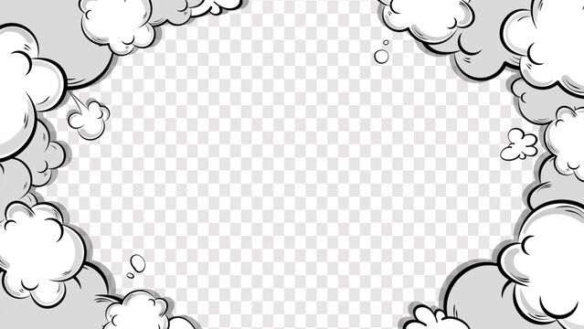 Comic clouds frame background. Cartoon puff clouds frame on transparent background. Comic book explosion. Explosion with puffs of smoke.