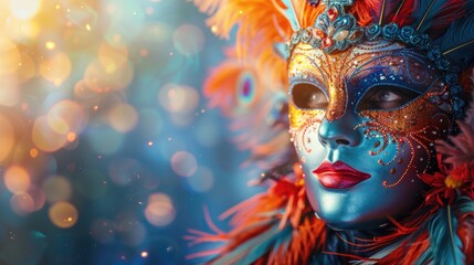 carnival mask with feathers on blurred background with  empty copy space  