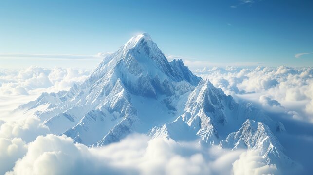 A hyper-realistic image of a majestic snowy mountain peak soaring above the clouds, AI Generative