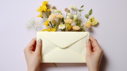 A paper envelope in the hands of a woman and flowers on the table. View from above. An invitation, a postcard and a letter.
