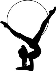 A vector illustration depicts a black silhouette of a gymnast performing an acrobatic routine with a hoop against a white background. The silhouette embodies grace, flexibility, and elegance, creating