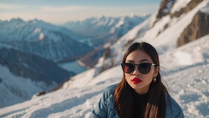 Beautiful asian travel influencer in a snowy mountain landscape, sitting in top of rock, sunglasess