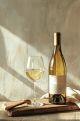 White wine bottle with empty label and one wine glass on bright rustic background. Natural lighting.