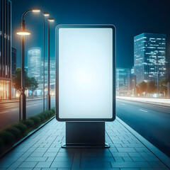 Blank white vertical advertising banner billboard stand on the sidewalk at night