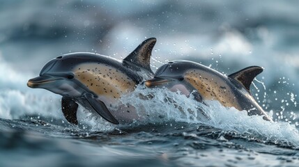 playful dolphins leaping, Hawaiian waves, dynamic ocean scenery, AI Generative