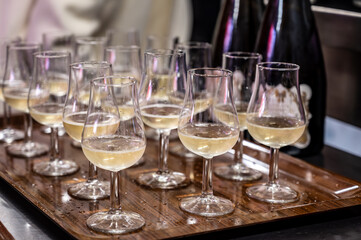 Many small tasting glasses of sparkling wine champagne on winter festival in December, Avenue de Champagne, Epernay, Champagne region, France