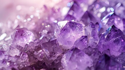 Amethyst purple and crystal clear, mystical energy theme, spiritual clarity, tranquil meditation space, serene amethyst influence, clear mind ambiance