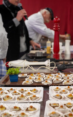 Degustation appetisers for visitors made by great chefs of high cuisine French restaurants, winter festival, Avenue de Champagne, Epernay, France