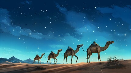 Camel caravan in the desert at night on the background of the starry sky. Ramadan Kareem background