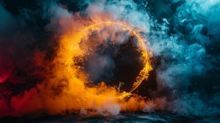 Smoke round frame, ink water mix, occult wheel, explosion smog cloud, orange-red yellow fume circle, AI Generative - obrazy, fototapety, plakaty