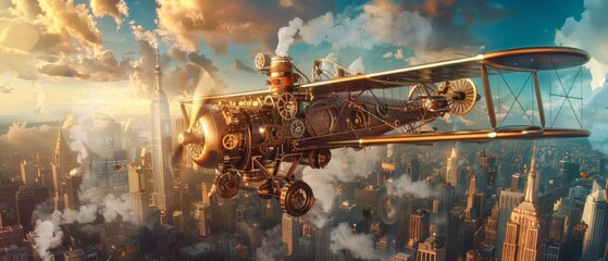 Steampunk inventor flying in a homemade aircraft over the city, with detailed gears and steam mechanisms visibl, AI Generative - obrazy, fototapety, plakaty