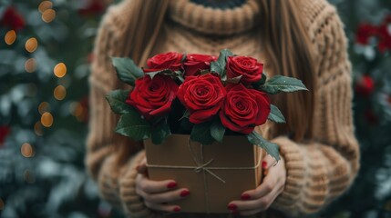 woman received a box with red roses and green leaves outdoors. Celebrating holidays and happiness.