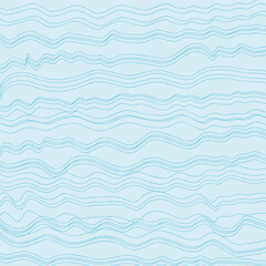 Decorative square pattern with hand drawn stripe shapes. Hand painted grungy ink doodles in blue colors. Wavy curly lines print.