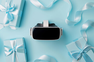 Virtual reality headset among pastel blue gift boxes