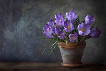 Crocuses in a flowerpot on a wooden table. 