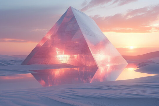 Sunset reflections on a crystal pyramid in serene desert - Powered by Adobe