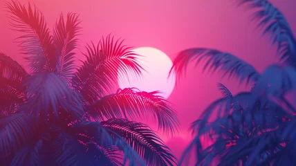Foto op Plexiglas Natural Coconut trees mountains horizon hills silhouettes of trees and hills in the evening Sunrise and sunset Landscape wallpaper Illustration vector style Colorful view background © noo  Oh