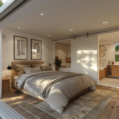 a living room with wood paneled walls and white rugs on the floor in front of the couches
