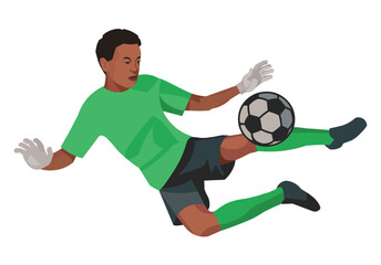 Dark-skinned teenage boy football goalkeeper jumps to avoid missing the ball