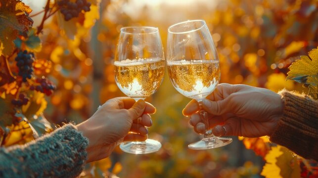 Youthful joy outdoors, hands clinking wine glasses, golden sunlight flares, celebrating harvest in the vineyards, AI Generative