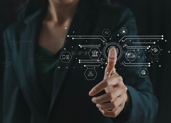 Innovative technology to combat digital cybercrime Businessman uses fingerprint to access personal financial information. Digital ID. Biometric security.