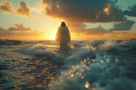 An inspiring image of Jesus Christ walking on the water with a beautiful sunset in the background, evoking peace and spirituality.