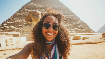 femme Jeune touriste devant les pyramides de Gizeh, sourire, selfie - obrazy, fototapety, plakaty
